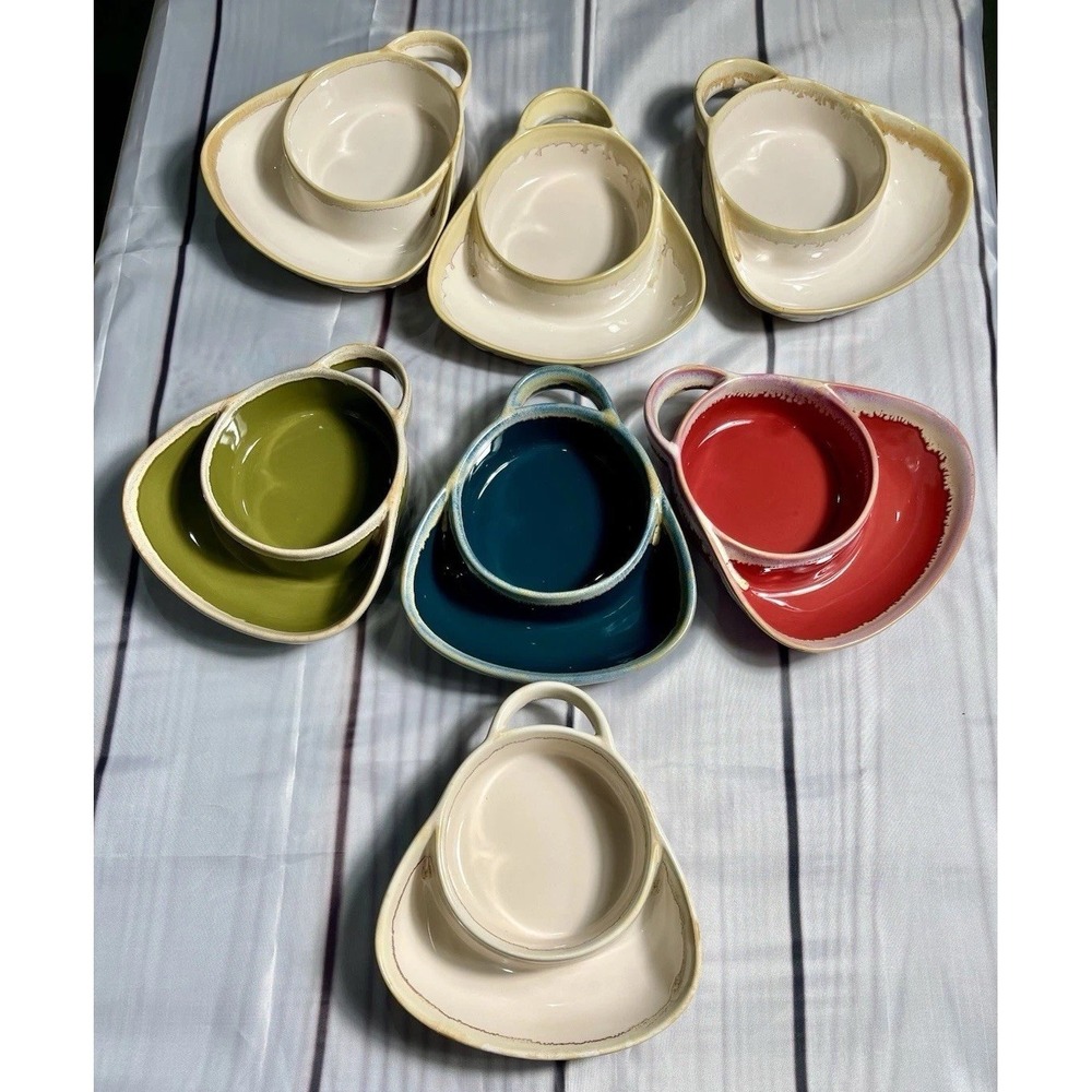 Set Of 7 Rustic Southwest Farmhouse Stoneware Chip & Dip Drip Glazed Ceramic - Picture 3 of 8